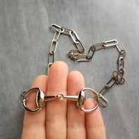 Silver Snaffle Bit Necklace, chunky stainless steel chain, equestrian necklace, silver horse necklace, D ring, thick silver paperclip chain