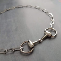 Silver Snaffle Bit Necklace, chunky stainless steel chain, equestrian necklace, silver horse necklace, D ring, thick silver paperclip chain