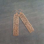 Long Rose Gold Rectangle Earrings, skeleton leaf earring, organic shape, rose gold filigree earring, thin rectangle earring, narrow