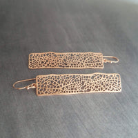 Long Rose Gold Rectangle Earrings, skeleton leaf earring, organic shape, rose gold filigree earring, thin rectangle earring, narrow