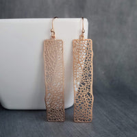 Long Rose Gold Rectangle Earrings, skeleton leaf earring, organic shape, rose gold filigree earring, thin rectangle earring, narrow