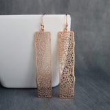 Long Rose Gold Rectangle Earrings, skeleton leaf earring, organic shape, rose gold filigree earring, thin rectangle earring, narrow