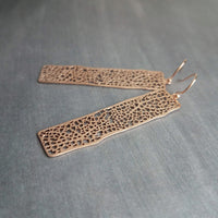 Long Rose Gold Rectangle Earrings, skeleton leaf earring, organic shape, rose gold filigree earring, thin rectangle earring, narrow