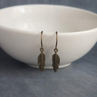 Bronze Feather Earrings, antique brass earring, bronze dangle, small feather earring, tiny feather earring, feather charm, simple feather
