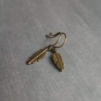 Bronze Feather Earrings, antique brass earring, bronze dangle, small feather earring, tiny feather earring, feather charm, simple feather