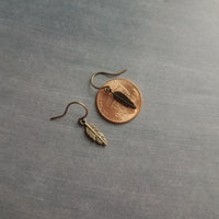 Antique Copper Feather Earrings, copper earring, copper dangle, small feather earring, tiny feather earring, feather charm, little feather