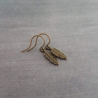 Bronze Feather Earrings, antique brass earring, bronze dangle, small feather earring, tiny feather earring, feather charm, simple feather
