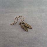 Bronze Feather Earrings, antique brass earring, bronze dangle, small feather earring, tiny feather earring, feather charm, simple feather