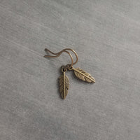 Bronze Feather Earrings, antique brass earring, bronze dangle, small feather earring, tiny feather earring, feather charm, simple feather