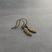 Bronze Feather Earrings, antique brass earring, bronze dangle, small feather earring, tiny feather earring, feather charm, simple feather