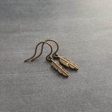 Bronze Feather Earrings, antique brass earring, bronze dangle, small feather earring, tiny feather earring, feather charm, simple feather