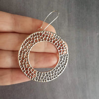 Silver Circle Bubble Earrings, large silver earring, big silver earring, large lightweight earring, antique silver round washer, small holes, latching kidney wires, locking hooks