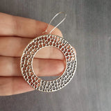 Silver Circle Bubble Earrings, large silver earring, big silver earring, large lightweight earring, antique silver round washer, small holes, latching kidney wires, locking hooks