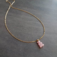 Light Pink Gummy Bear Necklace, bubblegum pink bear charm, candy necklace, dainty gold chain, tiny little gummy bear, small bear pendant