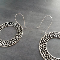 Silver Circle Bubble Earrings, large silver earring, big silver earring, large lightweight earring, antique silver round washer, small holes, latching kidney wires, locking hooks