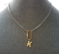 Gold Silver Chunky Chain, front oval screw clasp, letter charm, thick stainless steel necklace, Miami curb chain, gold initial pendant
