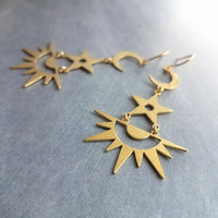Gold Moon Star Earrings, sun earrings, sky earrings, celestial earring, crescent moon earring, gold star, large brass chandelier dangle stacked