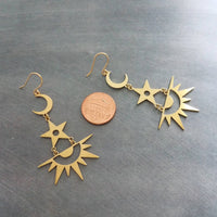 Gold Moon Star Earrings, sun earrings, sky earrings, celestial earring, crescent moon earring, gold star, large brass chandelier dangle stacked