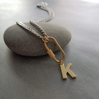 Gold Silver Chunky Chain, front oval screw clasp, letter charm, thick stainless steel necklace, Miami curb chain, gold initial pendant