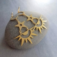 Gold Moon Star Earrings, sun earrings, sky earrings, celestial earring, crescent moon earring, gold star, large brass chandelier dangle stacked