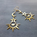 Gold Moon Star Earrings, sun earrings, sky earrings, celestial earring, crescent moon earring, gold star, large brass chandelier dangle stacked