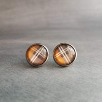 Tartan Red Green Plaid Earrings, winter earring, flannel earring, plaid stud, round earring, Xmas button stainless steel hypoallergenic stud