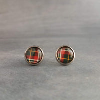 Tartan Red Green Plaid Earrings, winter earring, flannel earring, plaid stud, round earring, Xmas button stainless steel hypoallergenic stud
