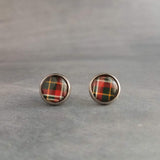 Tartan Red Green Plaid Earrings, winter earring, flannel earring, plaid stud, round earring, Xmas button stainless steel hypoallergenic stud