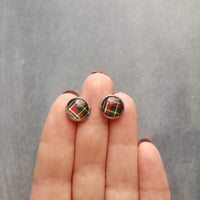 Tartan Red Green Plaid Earrings, winter earring, flannel earring, plaid stud, round earring, Xmas button stainless steel hypoallergenic stud