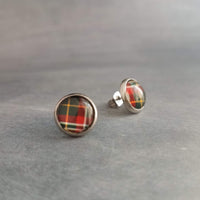 Tartan Red Green Plaid Earrings, winter earring, flannel earring, plaid stud, round earring, Xmas button stainless steel hypoallergenic stud