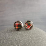 Tartan Red Green Plaid Earrings, winter earring, flannel earring, plaid stud, round earring, Xmas button stainless steel hypoallergenic stud