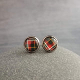 Tartan Red Green Plaid Earrings, winter earring, flannel earring, plaid stud, round earring, Xmas button stainless steel hypoallergenic stud