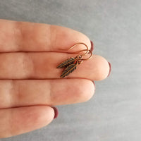 Antique Copper Feather Earrings, copper earring, copper dangle, small feather earring, tiny feather earring, feather charm, little feather