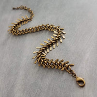 Antique Brass Fish Bone Bracelet, bronze spine bracelet, herringbone chain, bronze v bracelet, aged brass arrow, brass chevron bracelet