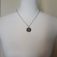 Gunmetal Filigree Necklace, medallion pendant, cut out pendant, beaded chain, gunmetal satellite chain, round lacy, silver black necklace
