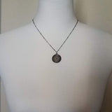 Gunmetal Filigree Necklace, medallion pendant, cut out pendant, beaded chain, gunmetal satellite chain, round lacy, silver black necklace