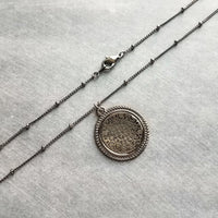 Gunmetal Filigree Necklace, medallion pendant, cut out pendant, beaded chain, gunmetal satellite chain, round lacy, silver black necklace