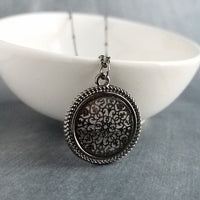 Gunmetal Filigree Necklace, medallion pendant, cut out pendant, beaded chain, gunmetal satellite chain, round lacy, silver black necklace