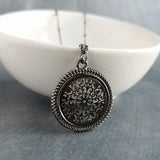 Gunmetal Filigree Necklace, medallion pendant, cut out pendant, beaded chain, gunmetal satellite chain, round lacy, silver black necklace