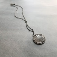 Gunmetal Filigree Necklace, medallion pendant, cut out pendant, beaded chain, gunmetal satellite chain, round lacy, silver black necklace