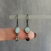 Gunmetal Earrings, larimar earrings, pale blue gemstone, mottled blue stone earring light blue sky blue baby blue, lever back dangle disk