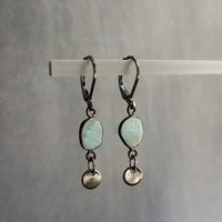 Gunmetal Earrings, larimar earrings, pale blue gemstone, mottled blue stone earring light blue sky blue baby blue, lever back dangle disk