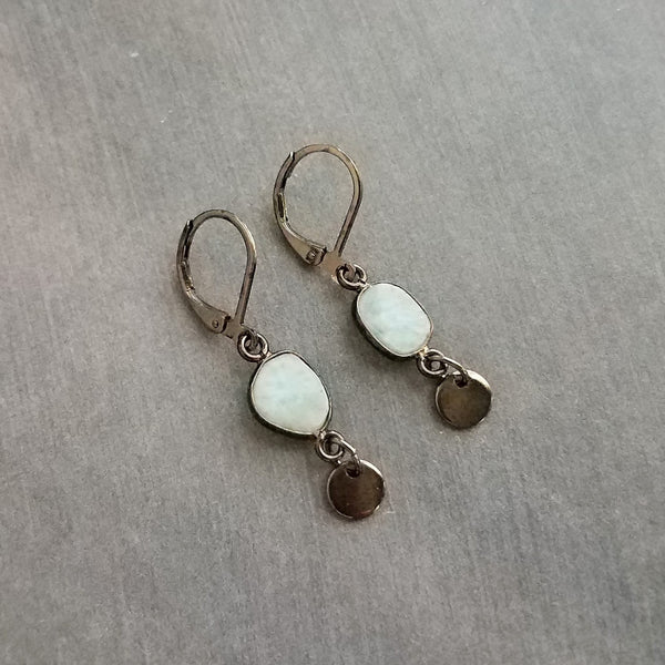 Gunmetal Earrings, larimar earrings, pale blue gemstone, mottled blue stone earring light blue sky blue baby blue, lever back dangle disk
