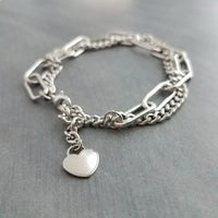 Silver Curb Paperclip Chain Bracelet, chunky stainless steel chain, double chain bracelet, stainless jewelry, thick bracelet, heart tag