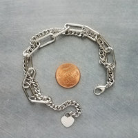 Silver Curb Paperclip Chain Bracelet, chunky stainless steel chain, double chain bracelet, stainless jewelry, thick bracelet, heart tag