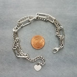 Silver Curb Paperclip Chain Bracelet, chunky stainless steel chain, double chain bracelet, stainless jewelry, thick bracelet, heart tag