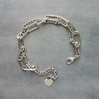 Silver Curb Paperclip Chain Bracelet, chunky stainless steel chain, double chain bracelet, stainless jewelry, thick bracelet, heart tag