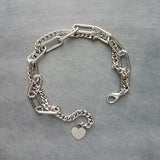 Silver Curb Paperclip Chain Bracelet, chunky stainless steel chain, double chain bracelet, stainless jewelry, thick bracelet, heart tag