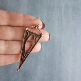 Copper Triangle Earrings, ornate dark antique copper, art deco oxidized copper, copper boho long earrings, large narrow dangle, teen gift