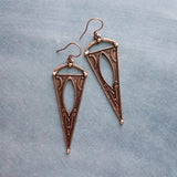 Copper Triangle Earrings, ornate dark antique copper, art deco oxidized copper, copper boho long earrings, large narrow dangle, teen gift